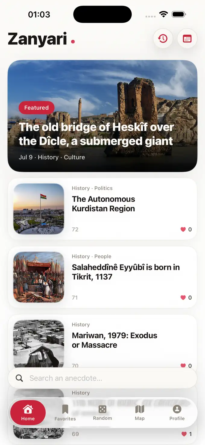 The Zanyari home screen: a featured story, then a list of illustrated articles.